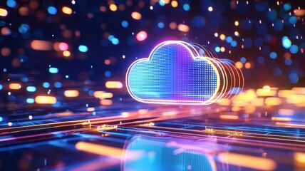 Cloud icon in the center surrounded platform visualization computing a transferring data abstract background on technology futuristic server with glowing lines and colorful bokeh