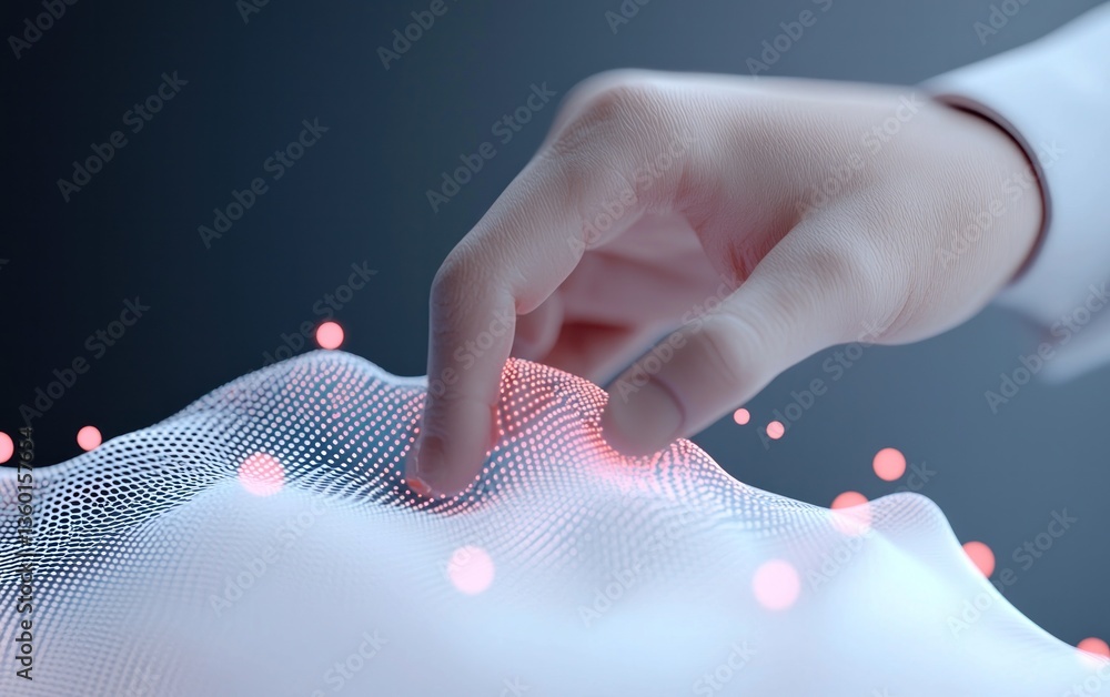 Poster a hand gently interacts with a digital landscape of interconnected points, glowing with soft red and