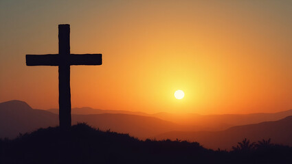 Flat Silhouette of a Catholic Cross Against a Sunrise: A Serene Vector Illustration Symbolizing Faith and New Beginnings in Nature's Embrace for Inspirational Business Themes