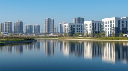 Cityscape of residential area with modern apartment buildings on a clear day. Close-up of medium-density architectural houses of the same design next to each other.