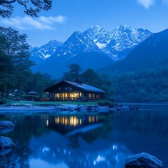 Fototapeta premium A cozy illuminated cabin sits near mountains and water at night