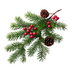 A festive arrangement of evergreen branches with pine cones and red berries, perfect for holiday decorations and seasonal displays