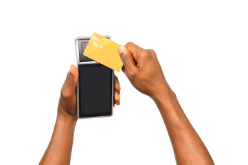 A customer taps a gold credit card on a modern POS terminal for a contactless transaction. The...