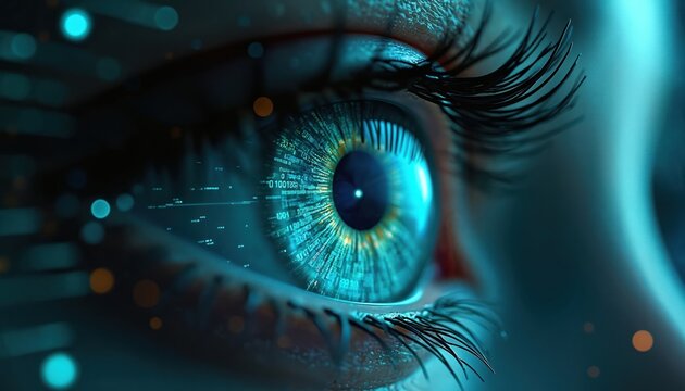 Futuristic digital eye with data analytics AI technology. Digital eye represents machine vision, information processing, binary code display. Innovative AI tech, virtual reality concept, cybernetic