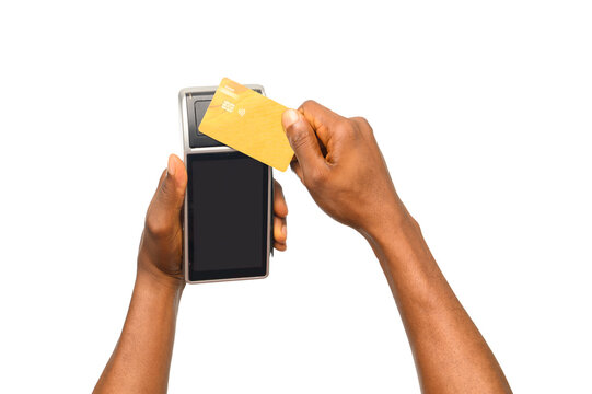 A customer taps a gold credit card on a modern POS terminal for a contactless transaction. The digital payment process ensures fast, secure, and cashless purchases in retail, banking, and business set