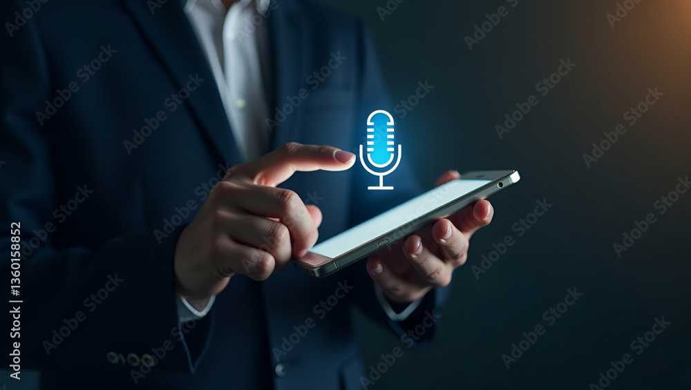 Poster flat man interacting with smartphone microphone icon: recording audio messages & using voice for ai 