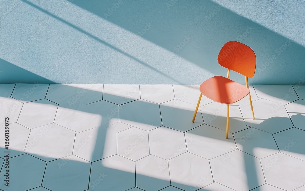 Poster a single orange chair sits on a hexagonal tiled floor in a room with light blue walls. sunlight stre