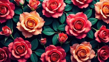 Obraz premium Bold blooming rose pattern, rich saturated colors, vintage, rose pattern, design