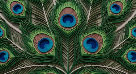 Obraz premium A peacock feather is displayed on a white wall, AI 