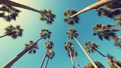 Fototapeta premium Palm Trees Against a Bright Blue Sky Viewed from Below in Sunny Day, Exotic Summer Vacation