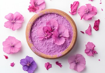 Elegant bowl of vibrant pink powder surrounded by delicate floral decorations on a light background, perfect for artistic and lifestyle concepts.