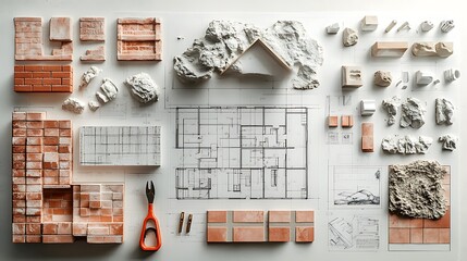 Architectural Blueprints and Brick Pyramid on Desk, Architectural blueprints on a desk with a pyramid of small bricks