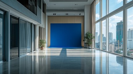 Fototapeta premium Modern studio space with blue backdrop and city view urban location photography setup bright interior wide-angle perspective