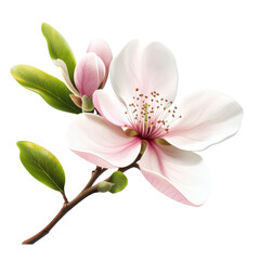 Obraz premium Beautiful magnolia flower branch with delicate petals and green leaves