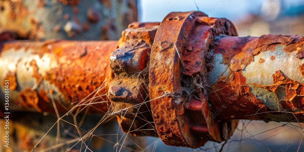 Poster Close-up of heavily rusted metallic pipe joint with visible corrosion and delicate spiderweb