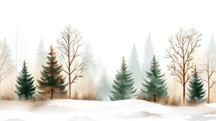 Fototapeta premium serene winter landscape featuring snow covered forest with mix of evergreen and bare trees, muted whites and grays dominate scene, evoking peaceful and tranquil atmosphere