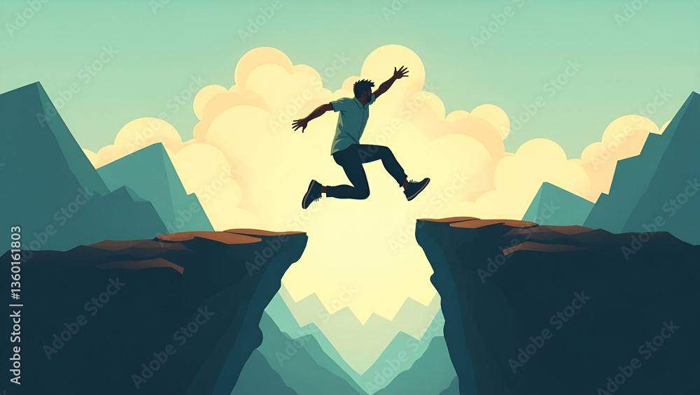 Poster dynamic illustration of a man jumping through hills: symbolizing adventure, freedom, and overcoming 