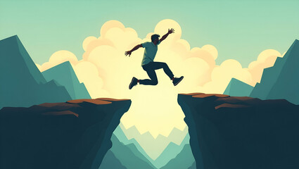 Dynamic Illustration of a Man Jumping Through Hills: Symbolizing Adventure, Freedom, and Overcoming Obstacles in Stock Photo with Empty Space for Text