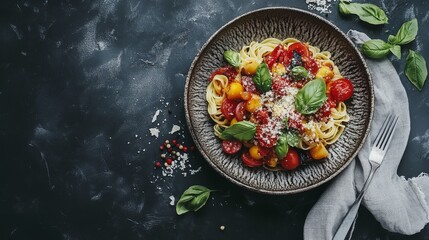 Classic Italian pasta dish, beautifully arranged with basil leaves and parmesan, served on a textured plate with a fork placed beside it.