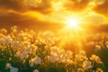 Fototapeta premium Delicate white clover blossoms are illuminated by the sun's golden rays as it rises, symbolizing the unadulterated nature of purity. Generative Ai