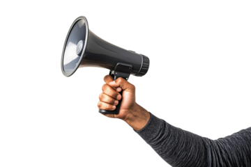 Hand holding a megaphone isolated on transparent png background.