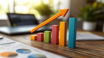 Market growth D bar graph  A bar chart representing increasing profits with an upward arrow in a modern corporate theme.