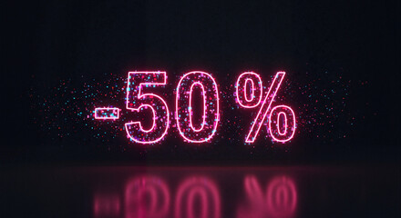 Discount Promotion -50% Neon Sign on Dark Background  