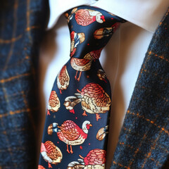 This colorful turkey pattern tie on handsome suit displays festive mood, perfect for Thanksgiving or fall celebration, feeling fun and lively