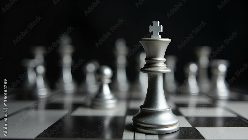 Poster silver knight chess piece in motion: a symbol of strategy and competition on the chessboard - stock 