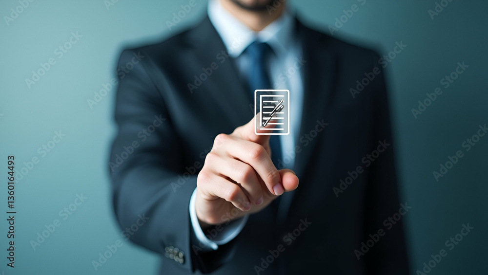 Aufkleber smart businessman touching tick mark on checklist: a cute vector illustration of progressive task ma