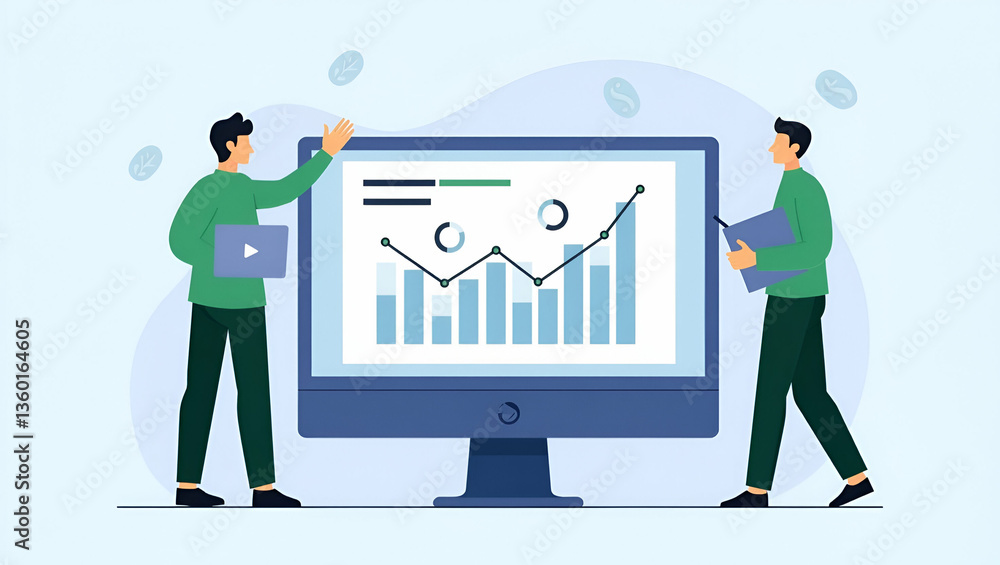 Poster Business Team Analytics: Web Dashboard Report with Graphs for Finance and Investment Planning - Flat Vector Illustration Design Featuring Data Research and Team Collaboration
