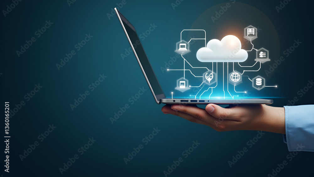 Poster flat man illustrates cloud computing concepts: networking, internet services, and data storage with 