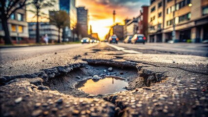 Sunset over a deeply damaged roadway with a large pothole reflecting the sky
