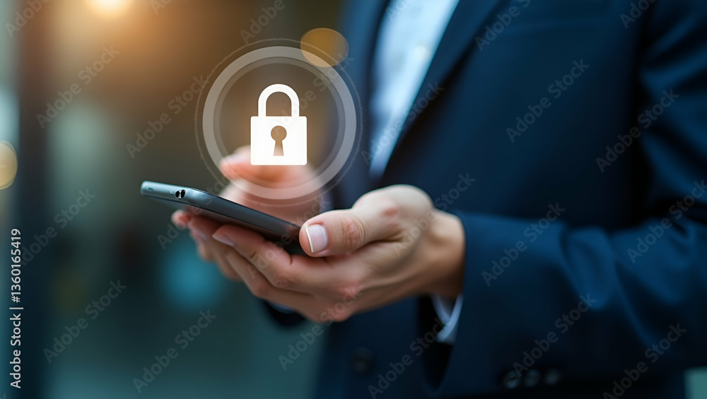 Poster enhance your digital security: a flat cybersecurity concept illustrating businessman using smartphon