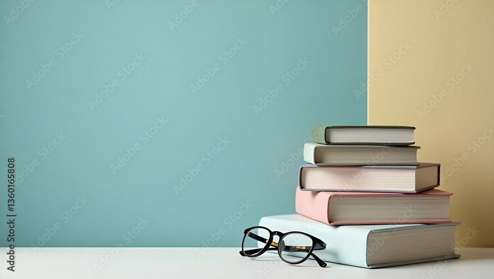 Poster sleek modern minimalist international book day frame: stacked books and reading glasses with clean c