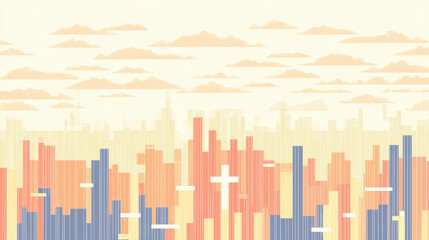 Fototapeta premium pastel colored abstract cityscape with muted tones, featuring vertical bar shapes resembling buildings and soft clouds in background. design has flat, modern aesthetic with calming atmosphere