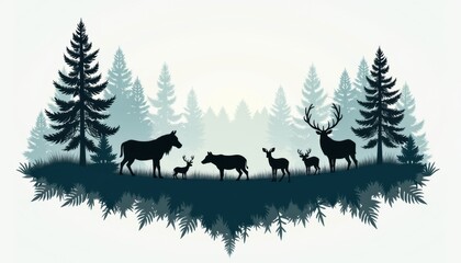 Silhouettes of animals wandering in a serene forest landscape  