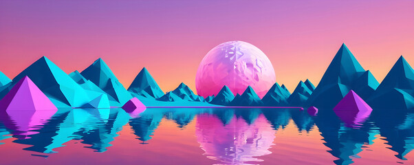 Low-Poly 3D Digital Render. Vibrant Colorful Low Poly Landscape for Backgrounds, Backdrops, Wallpaper, Design	