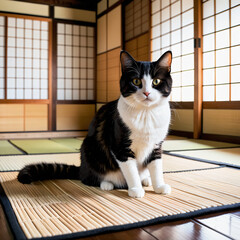 a cute cat sitting inside a traditional Japanese house