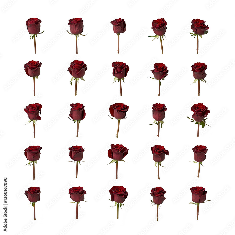 Poster a collection of twenty five red roses arranged grid pattern transparency background, showcasing thei