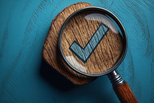 Magnifying Glass Reveals Checkmark on Wood Slab against Teal Textured Background