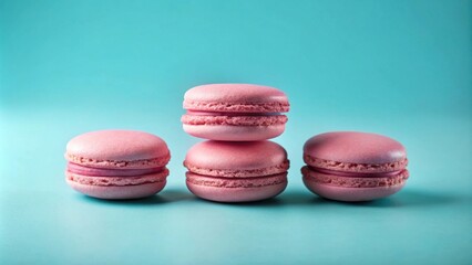Obraz premium Pink Macarons Arranged on a Light Blue Background, a Delightful Culinary Still Life