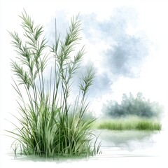 Fototapeta premium Serene Watercolor Landscape of Grasses by Water Under a Cloudy Sky