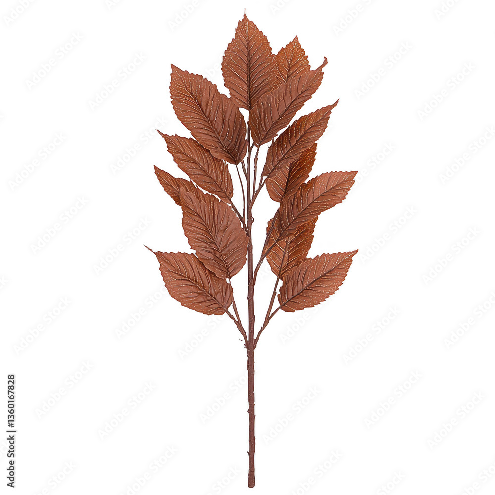 Poster a branch with multiple brown leaves is displayed against plain background, showcasing its natural te