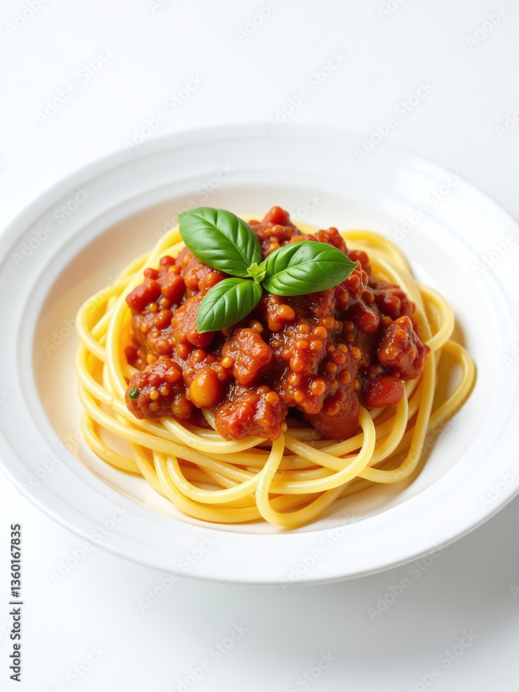 Poster white plate holds pasta with rich mince sauce topped with basil in an isolated and clean studio back