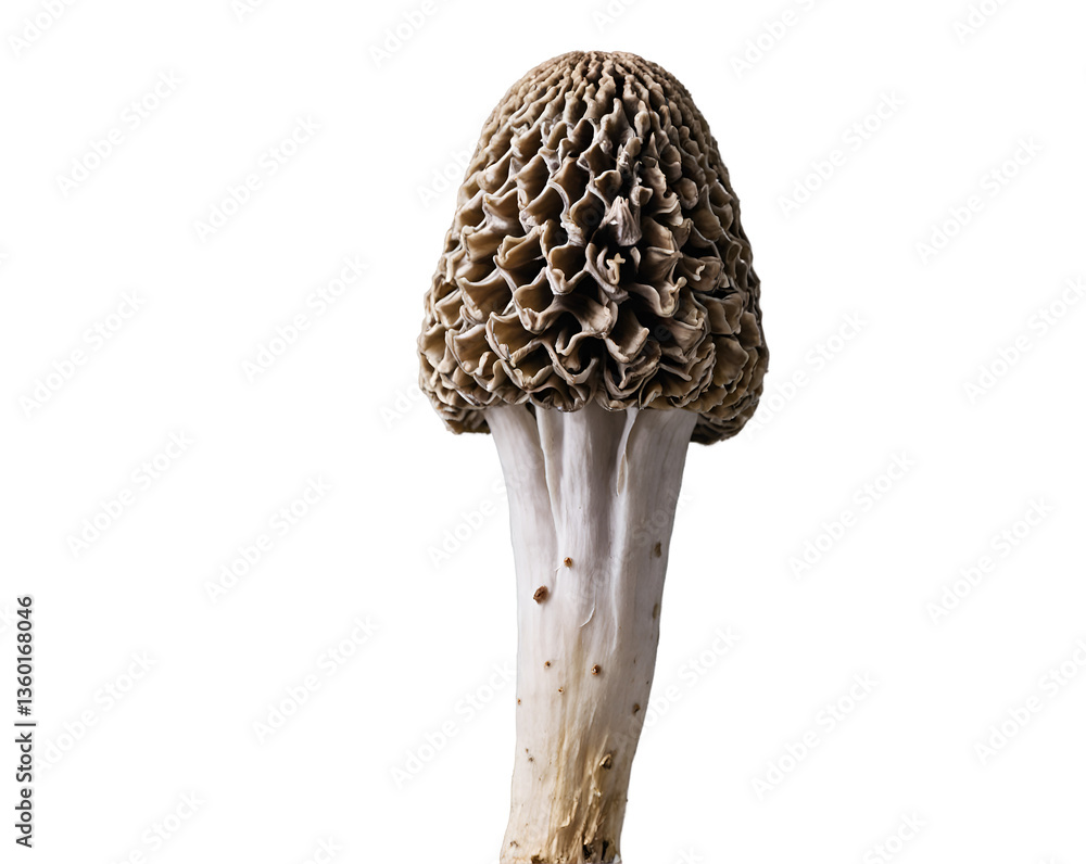 Poster captivating morel mushroom isolated on a plain backdrop, an intricate close-up displaying the unique
