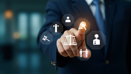 Legal Professional Engaging with Virtual Justice Icons: A Modern Approach to Law, Legal Services, Notary Public, and Online Legal Advice - Stock Photo Concept with Space for Customization