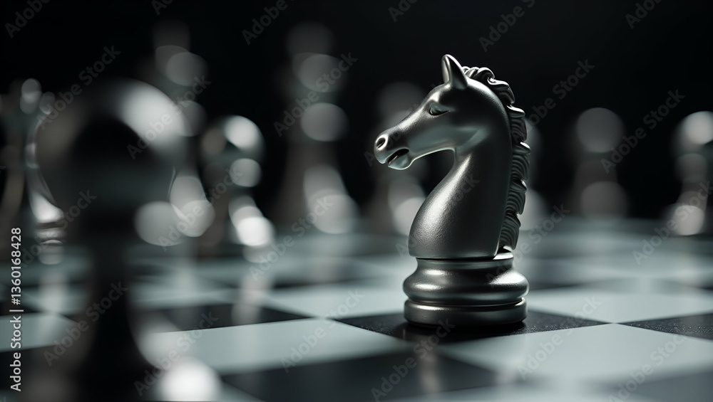 Poster silver knight on chess board: a symbol of strategy and competition in chess - stock photo concept wi