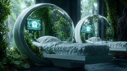 Futuristic sleeping pods surrounded by nature. Use for eco-friendly medical or relaxation facilities promoting healing with natural elements. Perfect for tranquil retreats.