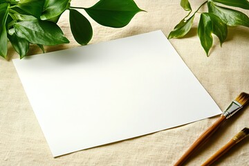 Blank White Card on Beige Linen with Green Plant and Two Paintbrushes Still Life